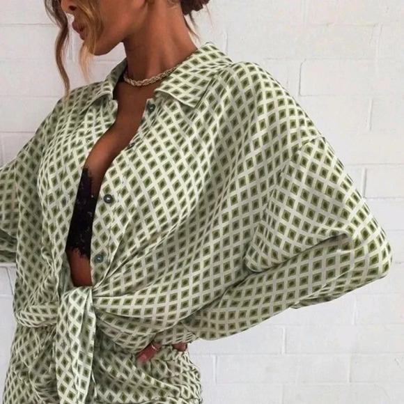 Argyle Print Drop Shoulder Blouse & Wide Leg Pants - Picture 2 of 6